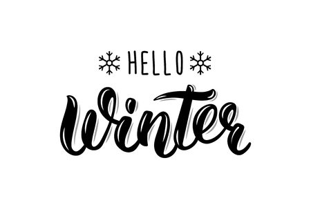 Hello Winter handlettering inscription. Winter logos and emblems for invitation, greeting card, t-shirt, prints and posters. Hand drawn winter inspiration phrase.  illustrationのイラスト素材