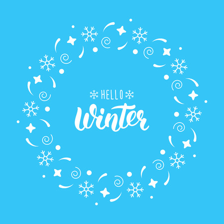 Hello Winter. Trendy hand lettering quote with festive round frame for Christmas cards, invitations, print and winter design.  illustrationのイラスト素材