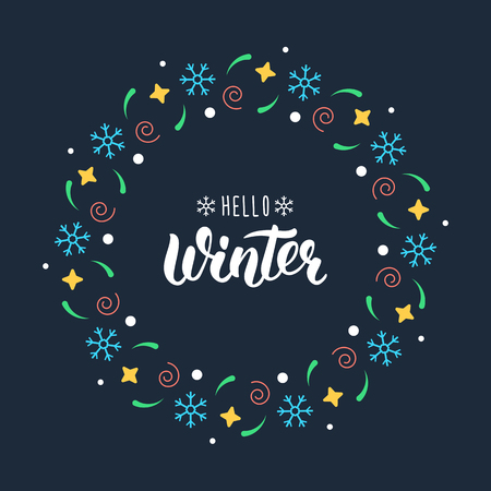 Hello Winter. Trendy handdrawn quote with festive round frame for Christmas cards, invitations, print and winter design.  illustrationのイラスト素材