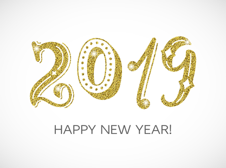 2019. Golden glitter handwritten inscription. Modern hand lettering art print for posters, greeting cards design. Vector illustrationのイラスト素材