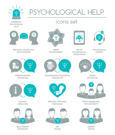 Psychological help. Set of silhouette icons symbols for psychology counseling, consulting, psychotherapy. Color block. Flat design. Vectorのイラスト素材