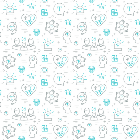 Psychology seamless pattern of gray-blue color. Psychology help linear icons. Flat design. Vector illustrationのイラスト素材