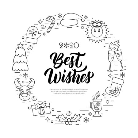 Best wishes modern calligraphy quote with Christmas holidays frame with traditional attributes in line icon style. Vector illustrationのイラスト素材