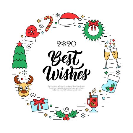 Best wishes modern calligraphy quote with colorful Christmas holidays frame with traditional attributes in line icon style. Vector illustrationのイラスト素材
