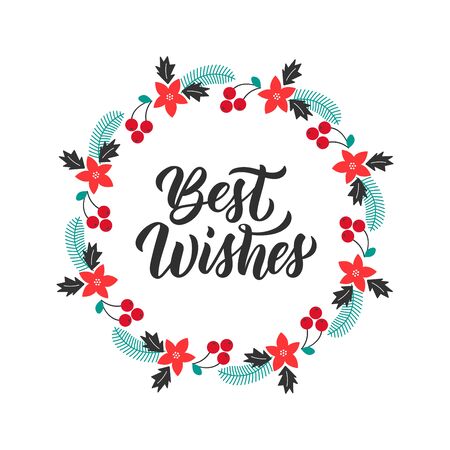 Best wishes inscription and christmas greeting wreath with rowanberry, fir branches, poinsettia. Round frame for Christmas cards, invitations, print and winter design. Vector illustrationのイラスト素材