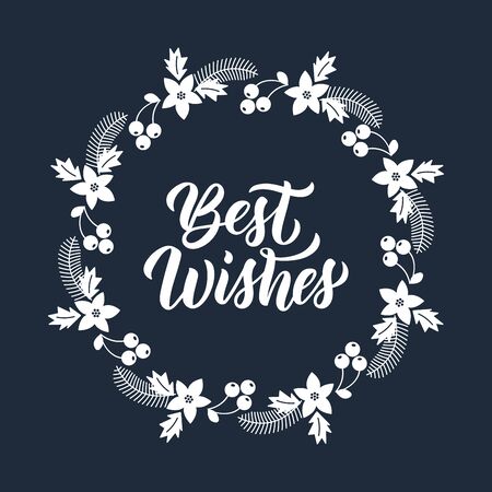 Best wishes inscription in white ink and christmas greeting wreath with rowanberry, fir branches, poinsettia. Round frame for Christmas cards, invitations, print and winter design. Vector illustrationのイラスト素材
