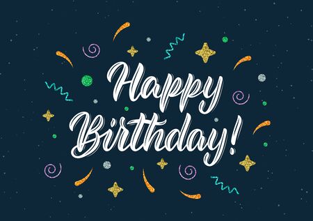Happy Birthday. Trendy calligraphy quote with colorful glitter decorative elements in white ink. Vector illustrationのイラスト素材
