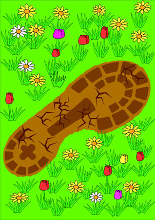 Footprint on grass. Ecologic theme. Vector Illustrationのイラスト素材