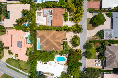 Drone aerial shot of bahia miami, with towers and modern buildings, , neighborhood, palms, trees, streets, bay, pier, boats, sea, blue skyの写真素材