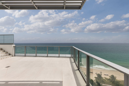viewpoint of balcony overlooking the sea and miami beach, horizon line turquoise sea and blue skyの写真素材