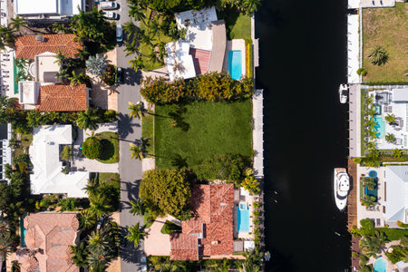 Aerial drone shot of Nurmi Isles neighborhood in Fort Lauderdale, Miami, FL, view of canals rivers and bay, modern and luxurious housesの写真素材