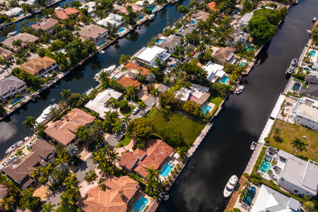 Aerial drone shot of Nurmi Isles neighborhood in Fort Lauderdale, Miami, FL, view of canals rivers and bay, modern and luxurious housesの写真素材