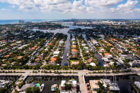 Aerial drone shot of Nurmi Isles neighborhood in Fort Lauderdale, Miami, FL, view of canals rivers and bay, modern and luxurious housesの写真素材