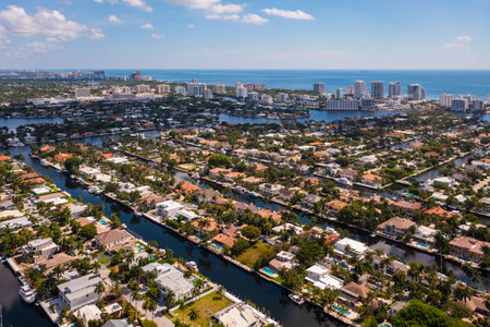 Aerial drone shot of Nurmi Isles neighborhood in Fort Lauderdale, Miami, FL, view of canals rivers and bay, modern and luxurious housesの写真素材