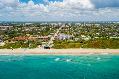Aerial view of pearl city suburb in Boca Raton, Miami, and residential, vista la mar, buildings hotels, houses, beach, turquoise sea and blue skyの写真素材