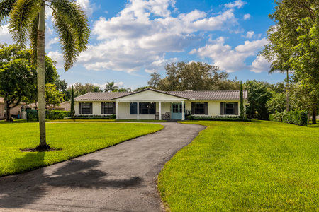 Beautiful facade of a white house with black tiles, with a park with short grass, trees and palm trees, blue sky, drivewayの写真素材