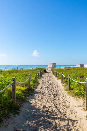 Beautiful entrance to the sea sand path with stakes with ropes, bushes and grass, beach, turquoise sea, blue skyの写真素材