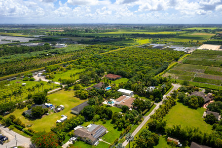 Aerial drone shot, in a rural area of Miami, with houses and warehouses on large lots, with a large amount of greenery around, tropical plants, plantations and rural landscape in tの写真素材