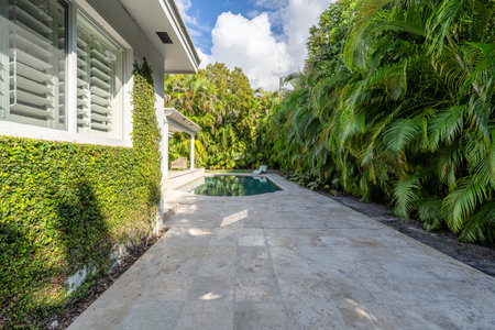 Beautiful backyard with concrete floor and pool, surrounded by tropical plants, porch with sun loungers, outdoor furniture, vines, located in Coral Gablesの写真素材