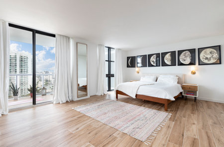 Luxurious, cozy bedroom in a high-end Apartment with natural light, elegant and cozy furniture.の写真素材