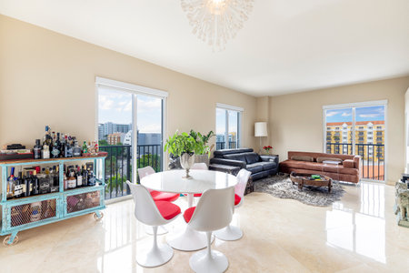 Beautiful photos of the interior of Apartment. Luxurious, modern living room with cozy furniture and elegant architecture.の写真素材