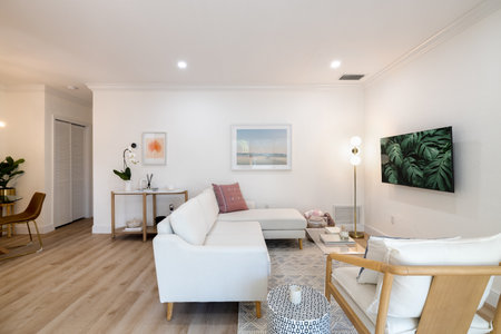 Beautiful photos of the interior of a Apartment. Luxurious, modern living room with cozy furniture and elegant architecture.の写真素材
