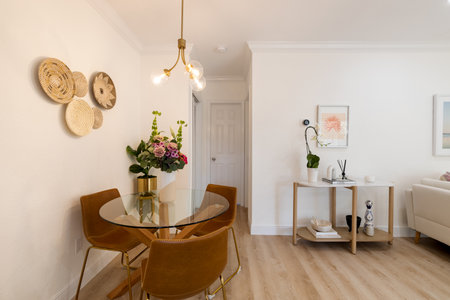 Beautiful photos of the interior of a Apartment. Luxurious, modern living room with cozy furniture and elegant architecture.の写真素材