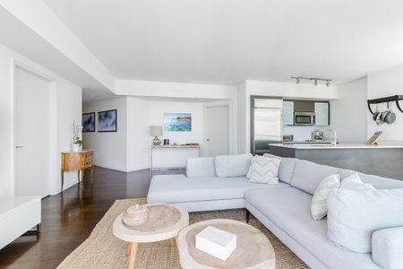 Beautiful photos of the interior of a Apartment. Luxurious, modern living room with cozy furniture and elegant architecture.の写真素材