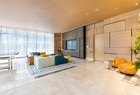Beautiful photos of the interior of a Apartment. Luxurious, modern living room with cozy furniture and elegant architecture.の写真素材