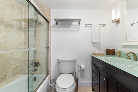 Photoshoot Footage located in Florida, USA. Clean, modern bathroom with refreshing shower, reflecting mirror, Bathtub and sleek tiles.の写真素材