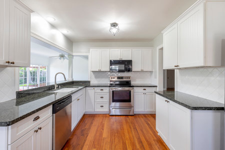 Modern Kitchen Design in Florida, USA. Showcasing modern architectural design, development, kitchen, counter, wooden floor. Interior desing shoots for kitchen and counters.の写真素材