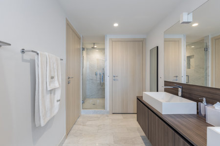 Photoshoot Footage located in Florida, USA. Clean, modern bathroom with refreshing shower, reflecting mirror, Bathtub and sleek tiles.の写真素材