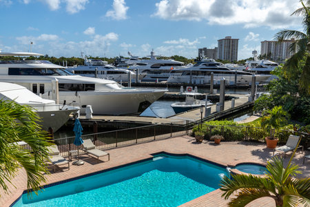 Luxury yachts and motor boats in Miami Beach, Florida.の写真素材