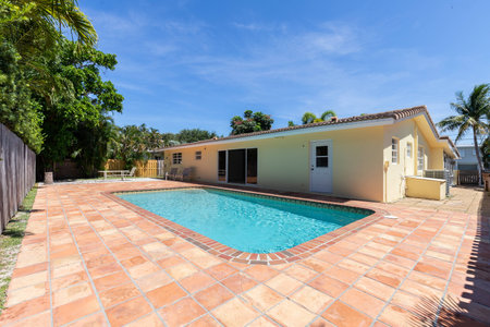 Swimming pool in luxury villa with blue sky. Nobody insideの写真素材