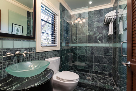 Luxury bathroom with black and green tiles and white toilet bowlの写真素材