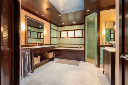 Luxury bathroom interior with tile floor and large window. Northwest, USAの写真素材