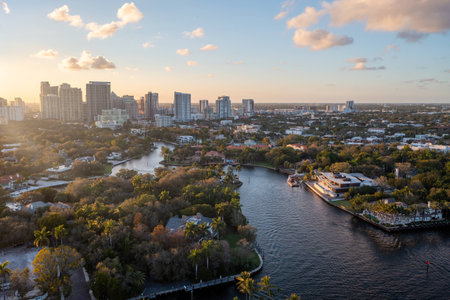 View of the city from a bird's eye view at sunset.