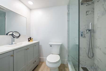 Modern bathroom interior with white toilet, sink and mirror. Nobody inside