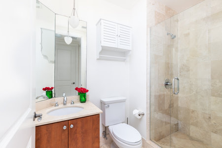 interior of modern bathroom with bathtub and toilet. Nobody insideの写真素材