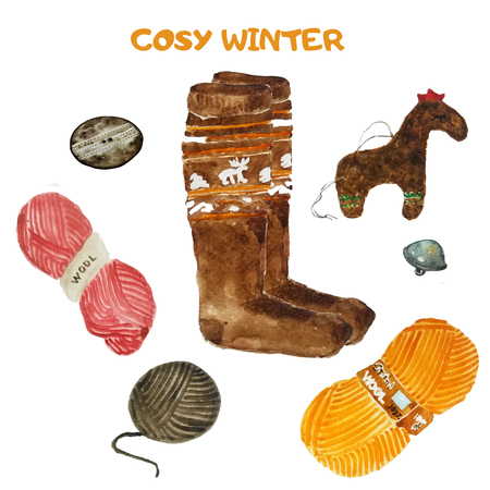 Watercolor winter stuff: wool coils, socks, toy llama and buttonsの写真素材