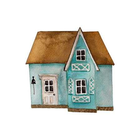 Watercolor illustration. Small cartoon sea house . Hand drawn picture for decoration, invitation card, greeting card.の写真素材