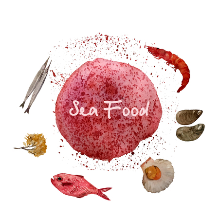 Watercolor sea food set with shrimp mussel fish and shells isolated hand drawn illustration on white for menus, travel blogs about Japanese and Chinese foodの写真素材