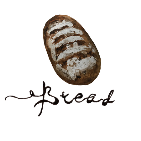 Bread, bakery product watercolor drawing set. Fresh loaf of bread, baguette, croissant, cupcake, toast, burger and sweet bun, pretzel and challah. Natural organic bread, bakery shop designの写真素材