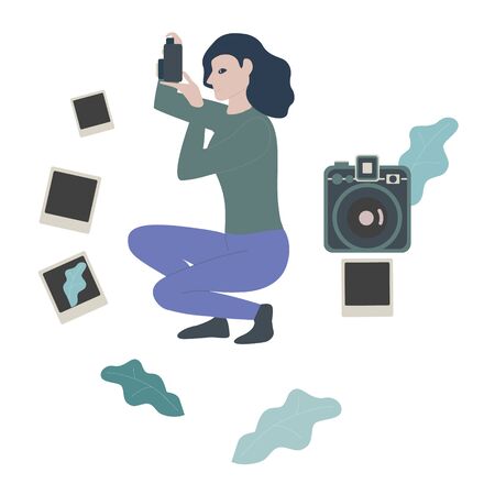 Young girl photographer holding photo camera and photographing vector illustration. Creative profession or occupation.Female cartoon character takes photo shot. Flat style.のイラスト素材