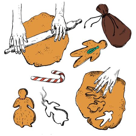Christmas gingerbread cookies cooking sketch vintage vector illustration. Hand drawn and hand made gingerbread man and candy for Christmas eve. Traditional winter holidays food.のイラスト素材