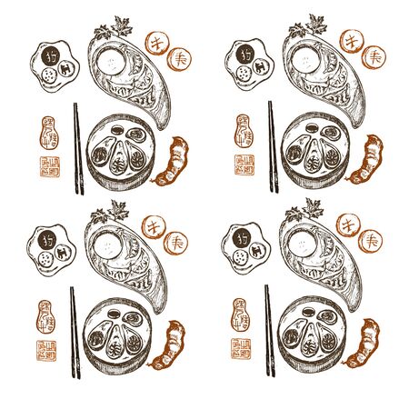 Chinese asian food sketch pattern vector illustration. Oriental cuisine frame menu restaurant. Chinese food sketch menu. Dim sum and appetizers, china sticks and tea.のイラスト素材