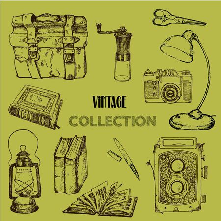 Back to school with books, briefcase, pen vintage sketch vector illustration. Vintage books, lamp, pen emblem or badge for school design.のイラスト素材
