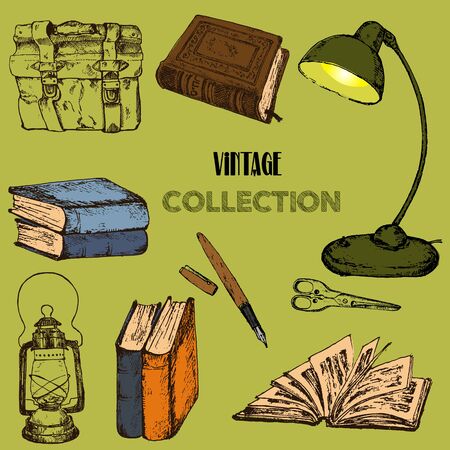 Old Rare Books And Antiques Collection Vintage Sketch Vector Collection Vintage Sketch Vector