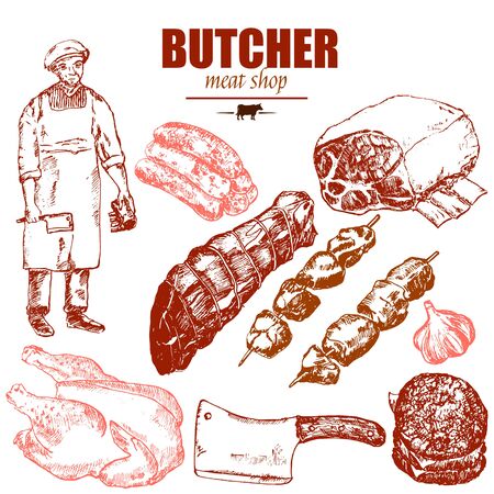 Meat butcher shop hand drawn sketch vector vintage illustration. Chalkboard meat shop menu poster design with beef steak, ham, poultry, filet kebab and burgers.のイラスト素材