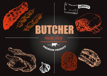 Meat shop hand drawn sketch vector vintage illustration. Chalkboard meat shop menu poster design with beef steak, ham, poultry, filet kebab and burgers.のイラスト素材